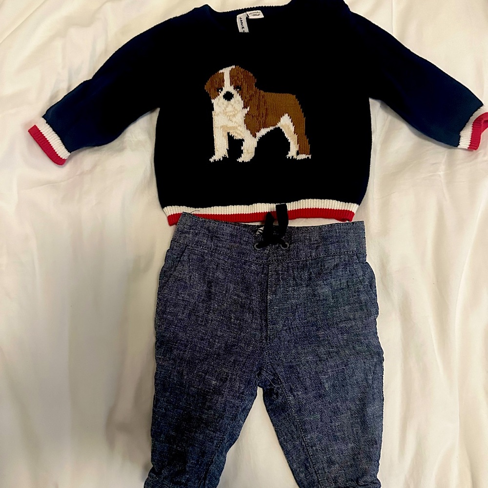 Janie and Jack bulldog sweater and linen-cotton joggers